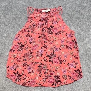 LOFT Womens XS Coral‎ Pink Floral Ruffle Neck Keyhole Tie Rayon Halter Tank Top